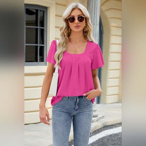 Eyelet Square Neck Short Sleeve T-Shirt Top Blouse - Picture 2 of 5